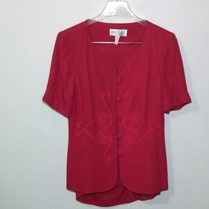 Vintage Ann Tobias Red Skirt Suit Embroidered Jacket Short Sleeve Women's 10